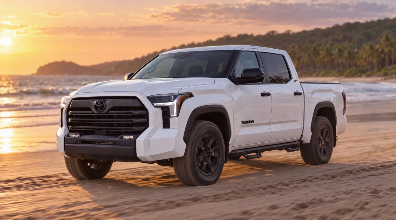Toyota Tundra blanca en la playa al atardecer, formato 16:9, generada