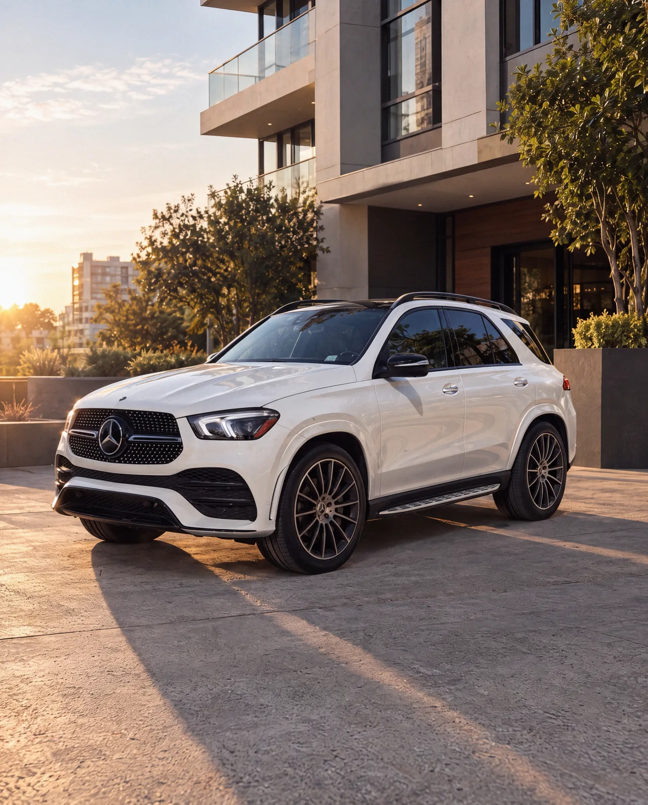 GLE 350 plata frente a un edificio al atardecer, formato 4:5, generado