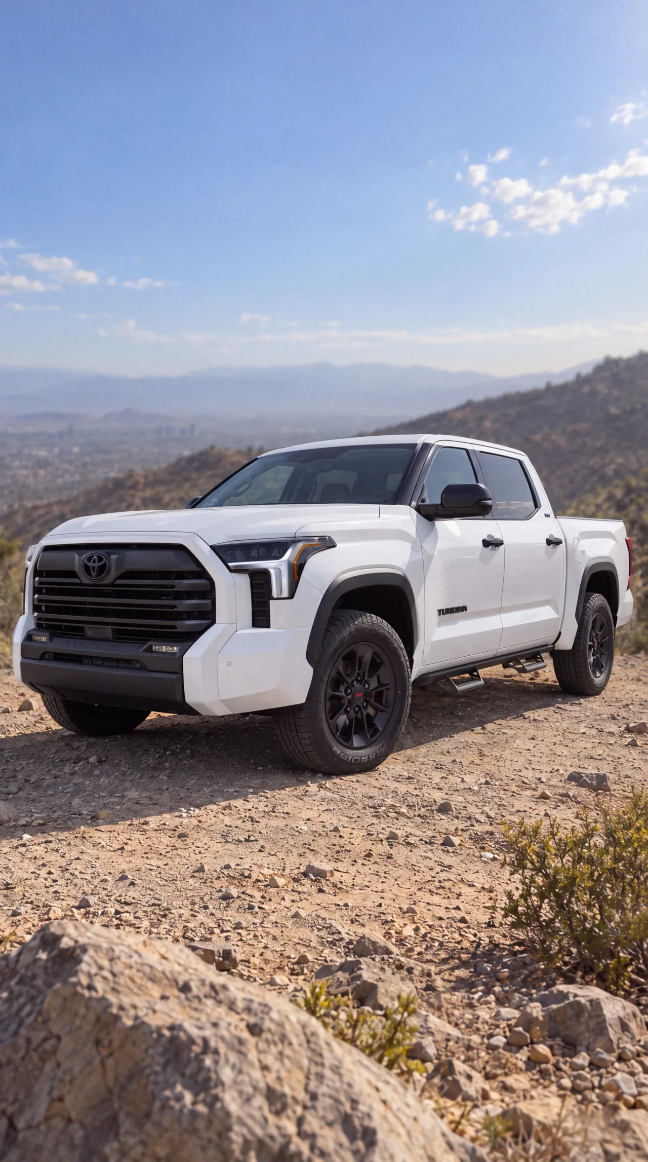 Toyota Tundra blanca en un mirador de cerro, formato 9:16, generada